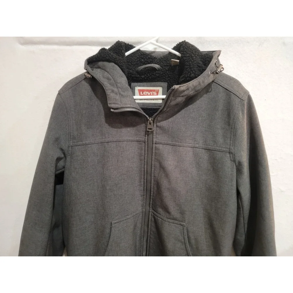 Levi's Men's Sherpa Lined Hooded Softshell Bomber Jacket Charcoal Gray Small - Picture 2 of 12